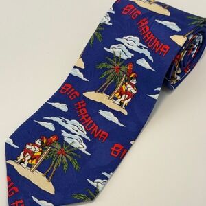 Vintage Big Dogs Mens Big Kahuna Tropical Island Blue Silk Graphic Necktie 0817